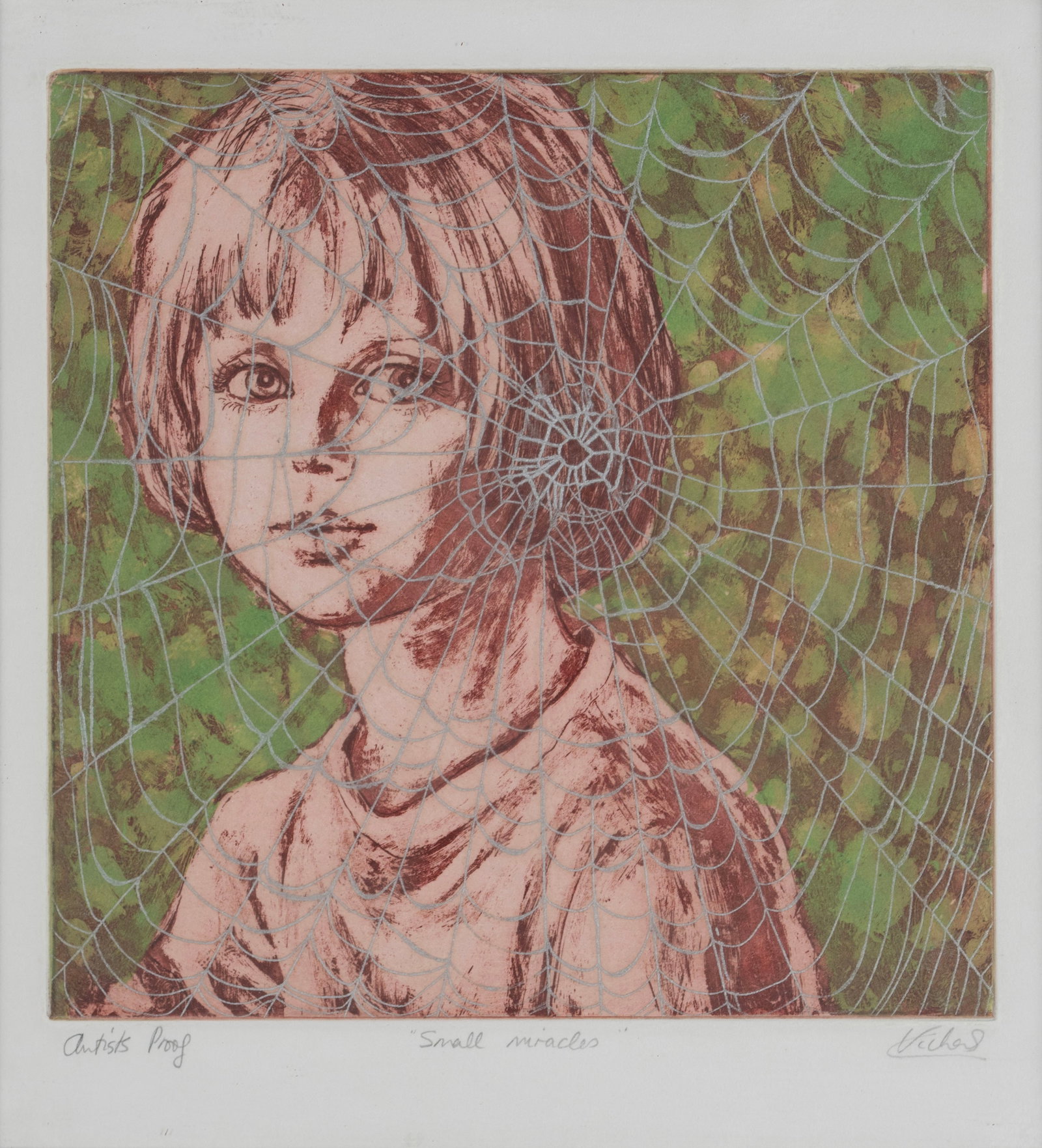 PORTRAIT IMAGE OF A YOUNG GIRL: PORTRAIT IMAGE OF A YOUNG GIRL Hand colored engraving, signed "Vichers" marked Artist's Proof and titled "Small Miracles". Portrait of a young girl against a green background, fully covered to the fro