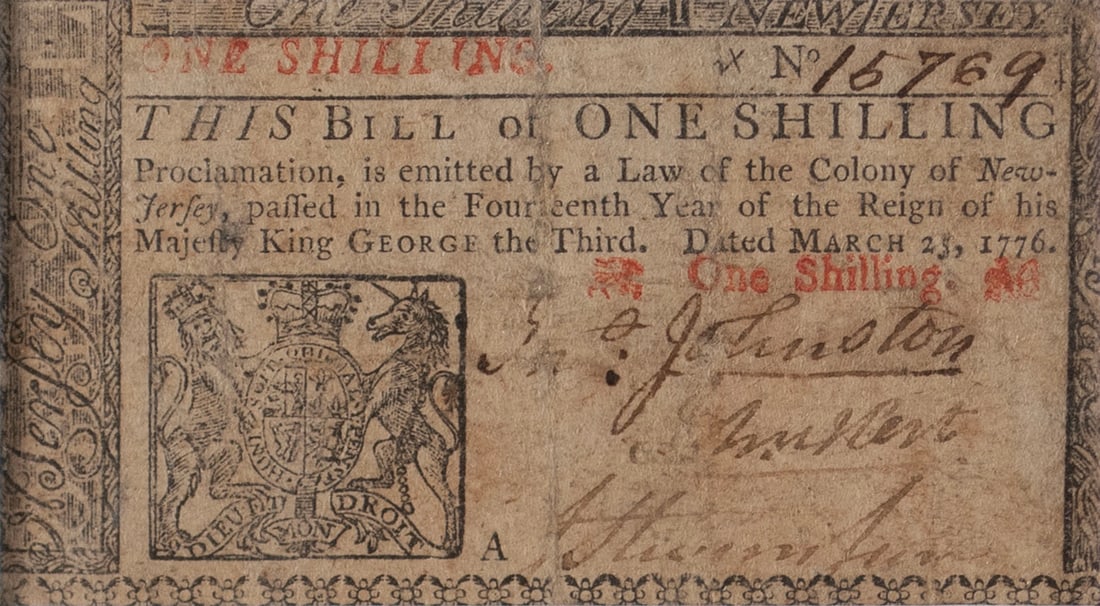 1776 NEW JERSEY JOHN HART ONE SHILLING COLONIAL NOTE: 1776 NEW JERSEY JOHN HART ONE SHILLING COLONIAL NOTE Engraved New Jersey Colonial note signed by Declaration of Independence signer and New Jersey delegate to the Continental Congress John Hart