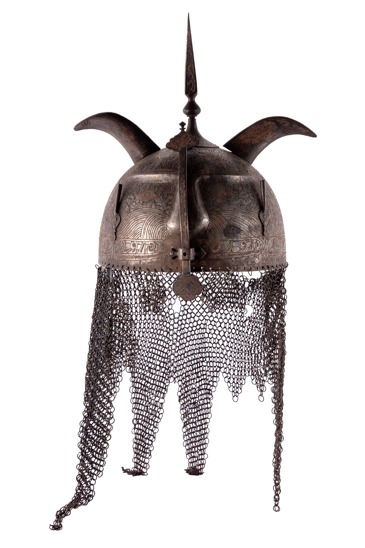KHULA KHUD HELMET: KHULA KHUD HELMET Indo-Persian, 18th/19th century. With engraved floral design with decorative horns and central spike on top and an adjustable nasal guard, with chain mail surround. 11 x 7 3/4 in.