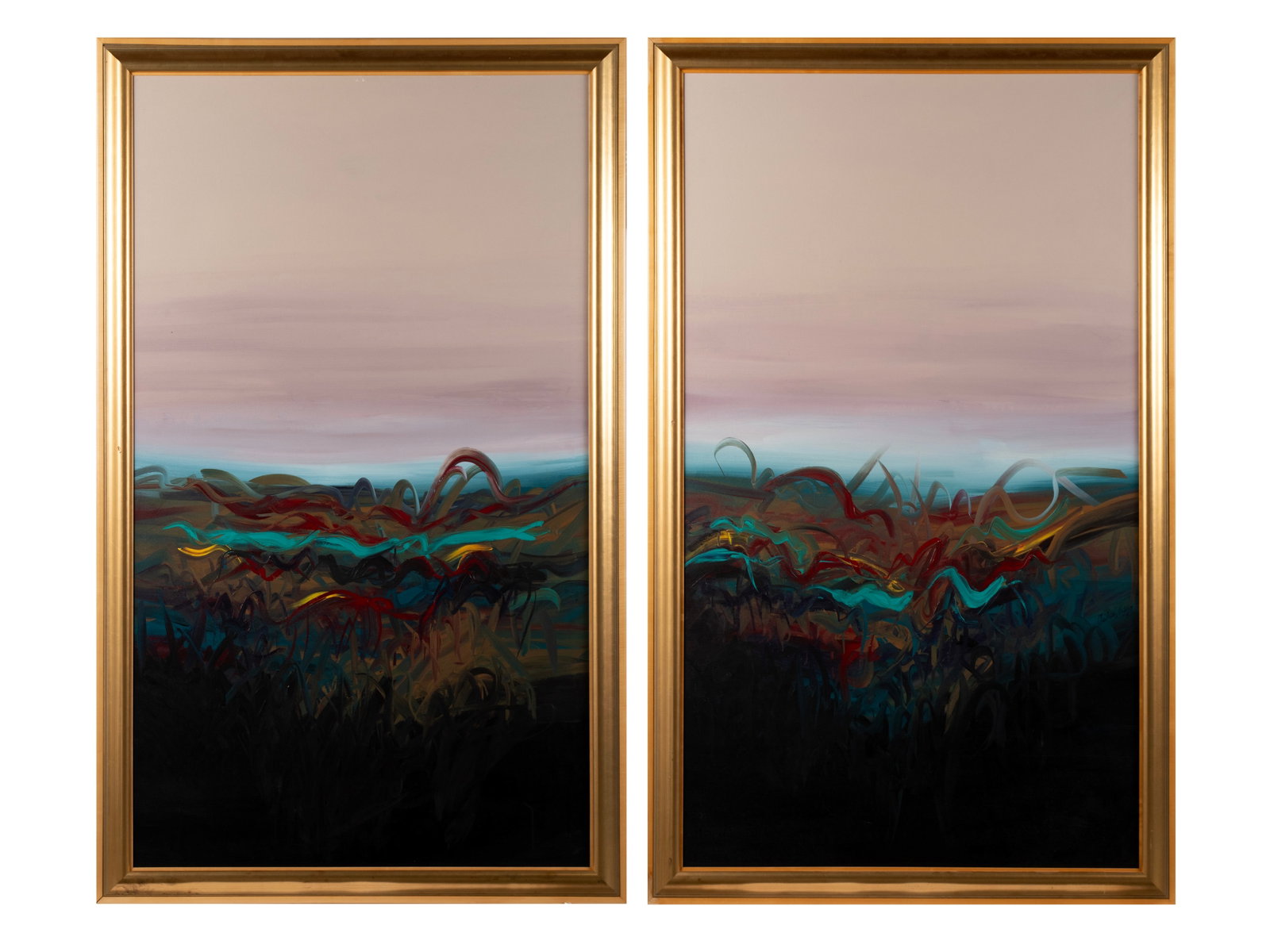CHRISTINE E. ALFERY (AMERICAN, B. 1947): Christine E. Alfery American, b. 1947 Mirage II, 1991 Oil on canvas Artist stamp to verso. Title to verso on canvas stretcher bars. Diptych of stylized landscape, both framed. Christine E. Alfery is a