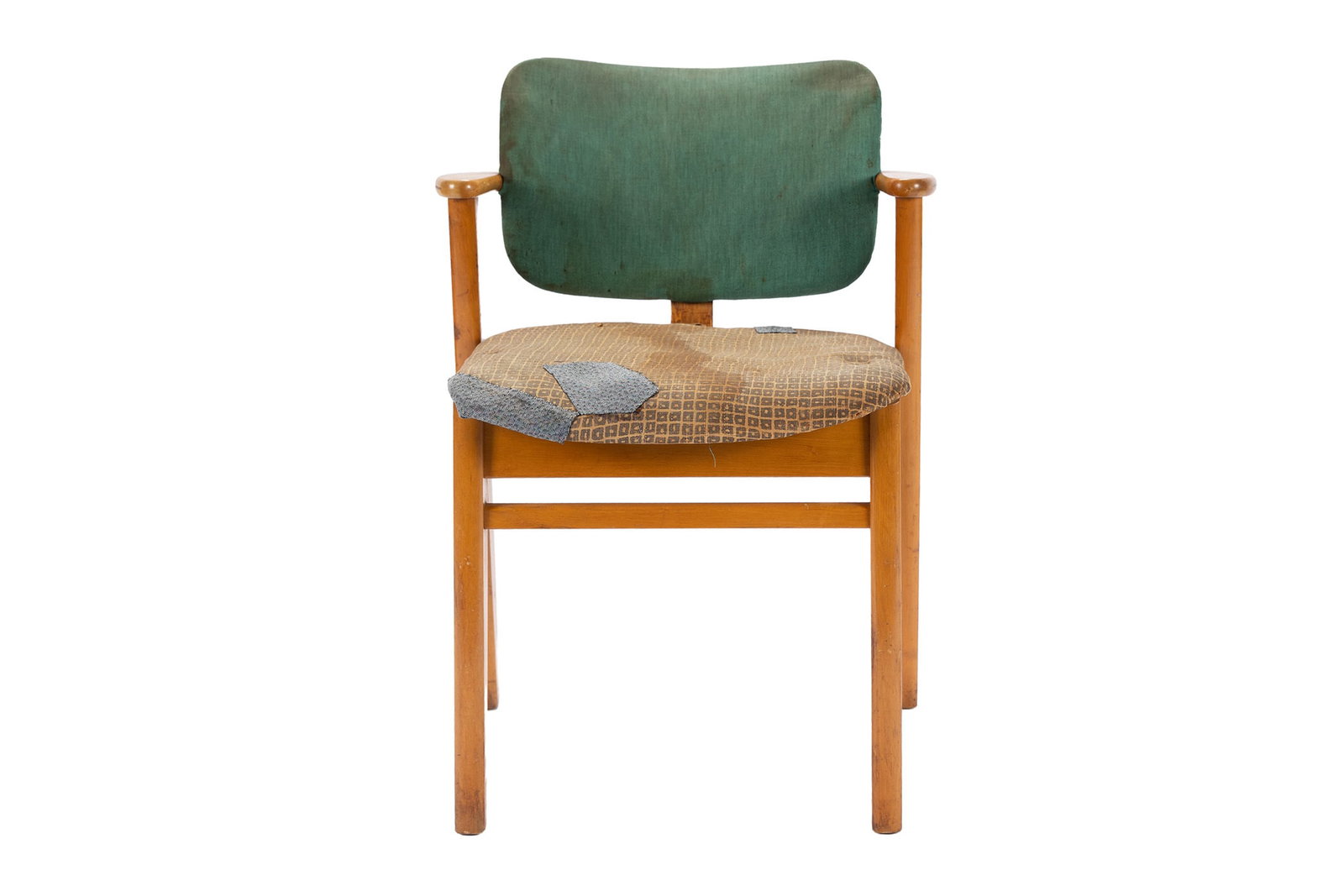 DOMUS CHAIR BY ILMARI TAPIOVAARA FOR KNOLL: DOMUS CHAIR BY ILMARI TAPIOVAARA FOR KNOLL Finnish, 1950s, wood and upholstery. Green, black, and brown seat. 30 x 22 1/2 x 20 in. (76.2 x 57.2 x 50.8 cm.), Seat height: 19 in. (48.3 cm.)