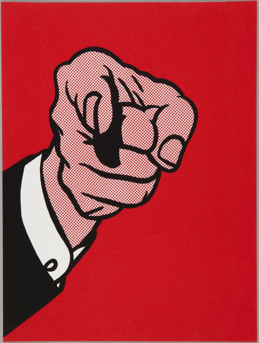 Finger Pointing screen print by Roy Lichtenstein: Finger Pointing which was produced for The New York Collection: Stockholm portfolio, is a numbered and signed screen print by Roy Lichtenstein, created in 1973. It is stamped on verso baring the inscr