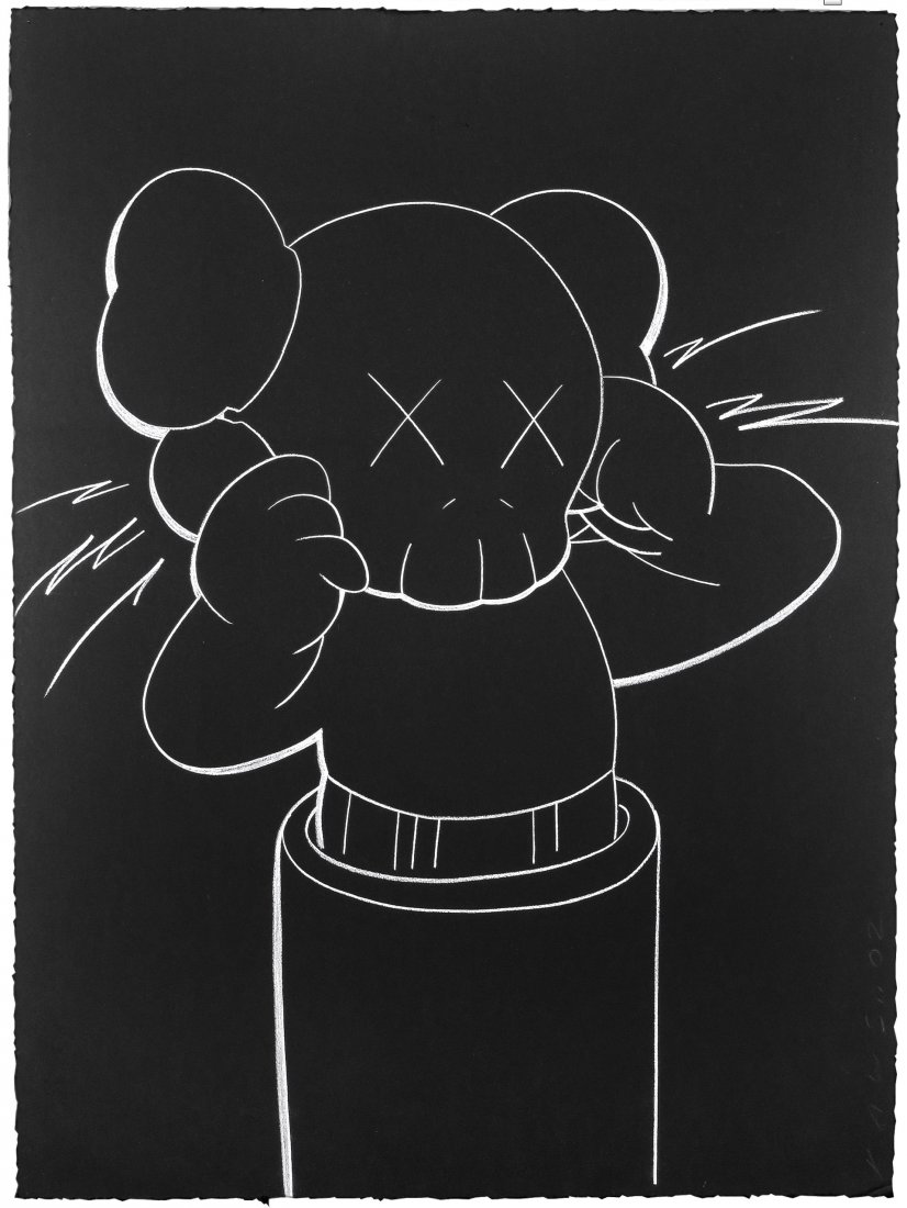 Companion Drawing in Chalk by KAWS: Companion is a staggering original Chalk Drawing by the huglely popular Street Artist known as CLAWS. This piece is a Mickey Mouse parody, the most iconic of American icons, who seems to be DJing. Thi