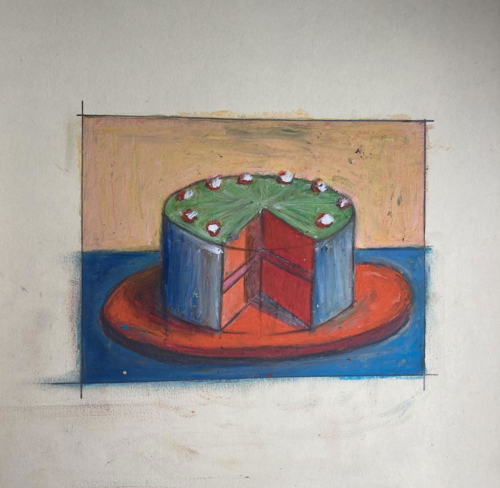 Wayne THIEBAUD (USA, 1920): Cream cake, circa 1980/85. After to,Oil pastel on heavy cream paper.It's a preparatory drawing, there is no signature or indication.Size drawing: 4 by 5 1/3 in - 10,3 by 13,5 cmSheet size: 11 1/2 by 8