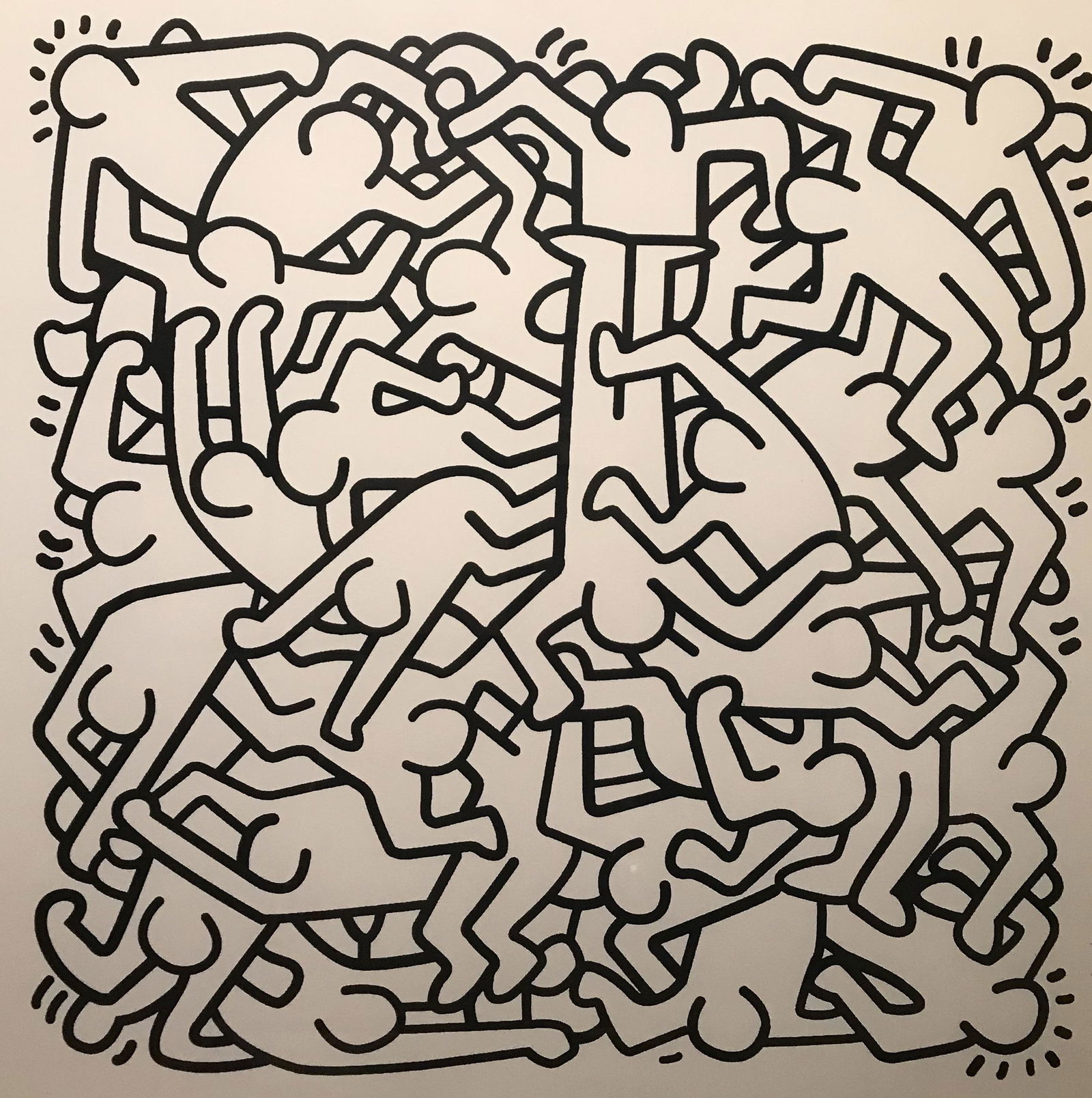 Keith HARING (USA, 1958-1990): Multiple people, 1989.Black screenprint.Signed and numbered in pencil by the artist to 33 copies.Size: 27 1/2 by 27 1/2 in - 70 by 70 cm.Carry the stamp on the back of the gallery Erica De Jong in New