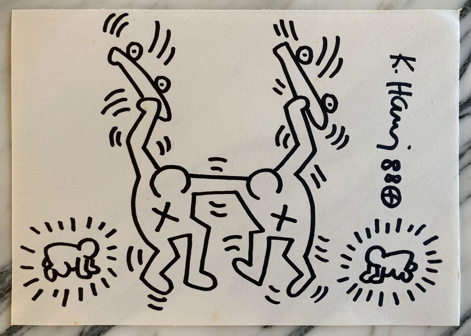 Keith HARING (USA, 1958-1990): Skateman, 1988.Black marker on paper.Signed by the artist.Size: 7 4/5 by 11 in - 19,8 by 28,2 cm.sold with its certificate of authenticity LA2.Information:- some traces of yellowingOrigin:- From the p