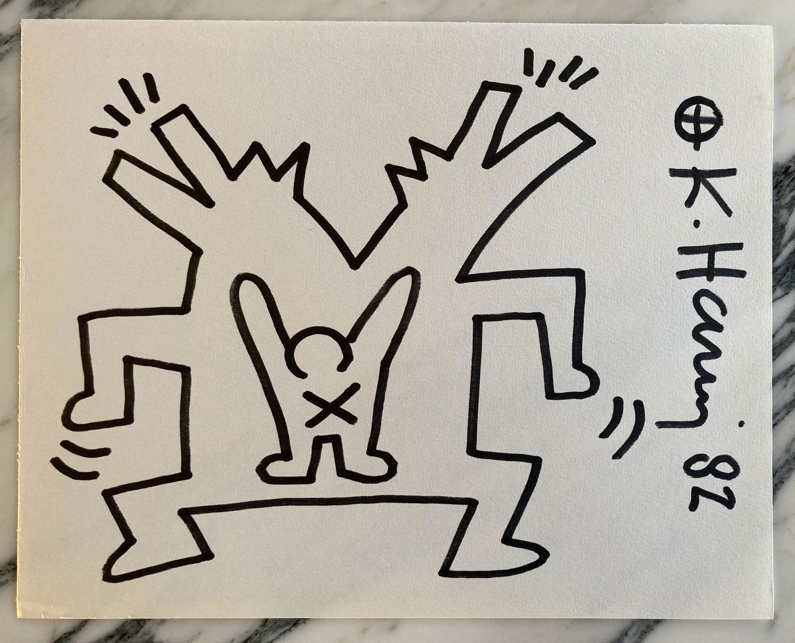 Keith HARING (USA, 1958-1990): Wolfs, 1982.Black marker on paper.Signed by the artist.Size: 8 1/2 by 10 1/2 in - 21.6 by 27 cm.sold with its certificate of authenticity LA2.Information:- some traces of yellowingOrigin:- Purchased f