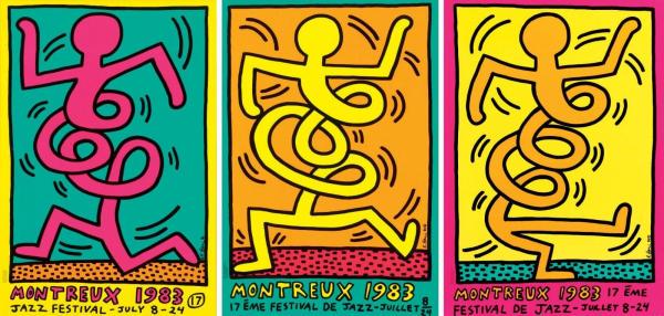 Keith HARING (USA, 1958-1990): Montreux, 1983. Dedication on poster.MONTREUX FESTIVAL, 1983 For the 17th Jazz Festival Ensemble of three posters. One of the posters is autographed by the artist.Size: 39 1/3 by 27 1/2 in - 100 by 70