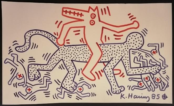 Keith HARING (1958-1990): Untitled, 1985.Blue and red marker on paper, signed and dated lower right.size: by 19 3/4 by 11 4/5 in - 50 by 30 cm.with the certificate of haring foundation.Provenance:- Private collection New-York,