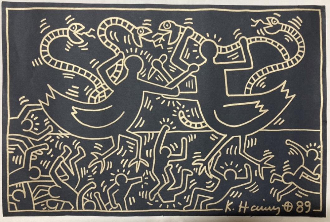 Keith HARING (USA, 1958-1990): Roosters fight, 1989.Gold pen on black paper, signed and dated lower right.size: by 13 1/10 by 20 in - 33,30 by 50,70 cm.with the certificate of haring foundation.Provenance:- Private collection New-Y