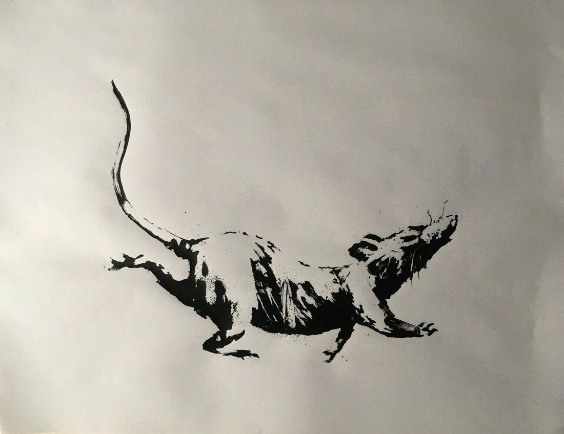 BANKSY (GB, 1974): Rat, 2019. Black screenprint for the show â€œGross Domestic Product”.Size: 15 1/6 by 20 in - 38,5 by 50,5 cm.Information:- this silkscreen was distributed in the street in front of the Shop 