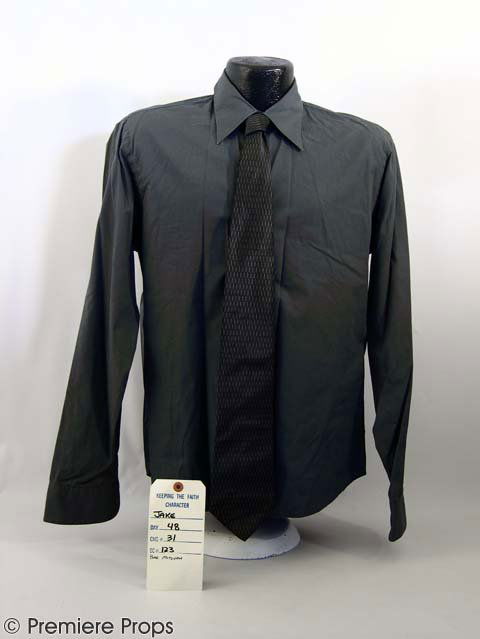 KEEPING THE FAITH - Jake's (BEN STILLER) Shirt & T: KEEPING THE FAITH - Jake's (BEN STILLER) greenish gray "Calvin Klein" shirt (size 15.5 - 39), black/silver honeycomb pattern "DKNY" tie (no size) worn in the Bar Mitzvah scene (includes costume wardro