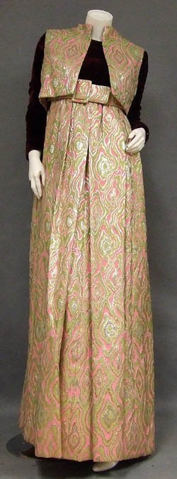Sarmi 1960's Brocade & Velvet Evening Gown w/ Vest: A wonderful evening gown in a lime, pink, silver and gold brocade with a wine velvet bodice. Matching wide belt. Matching cropped vest. "Sarmi New York," label. Rear nylon zipper. Bodice and vest are 