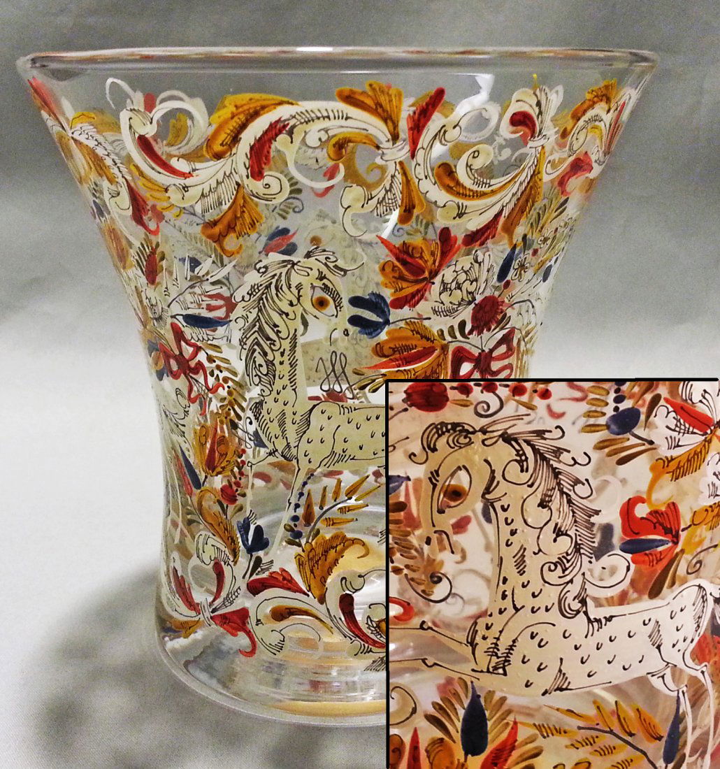 Tyrol Glassworks Kramsach Glass Vase Enamel Horses: Fanciful Art Glass vase with whimsical black and white hand painted horses prancing amidst colorfully enameled flowers, leaves, bows, and scrolls. Unknown age but best guess circa 1930's / 40's. Foil