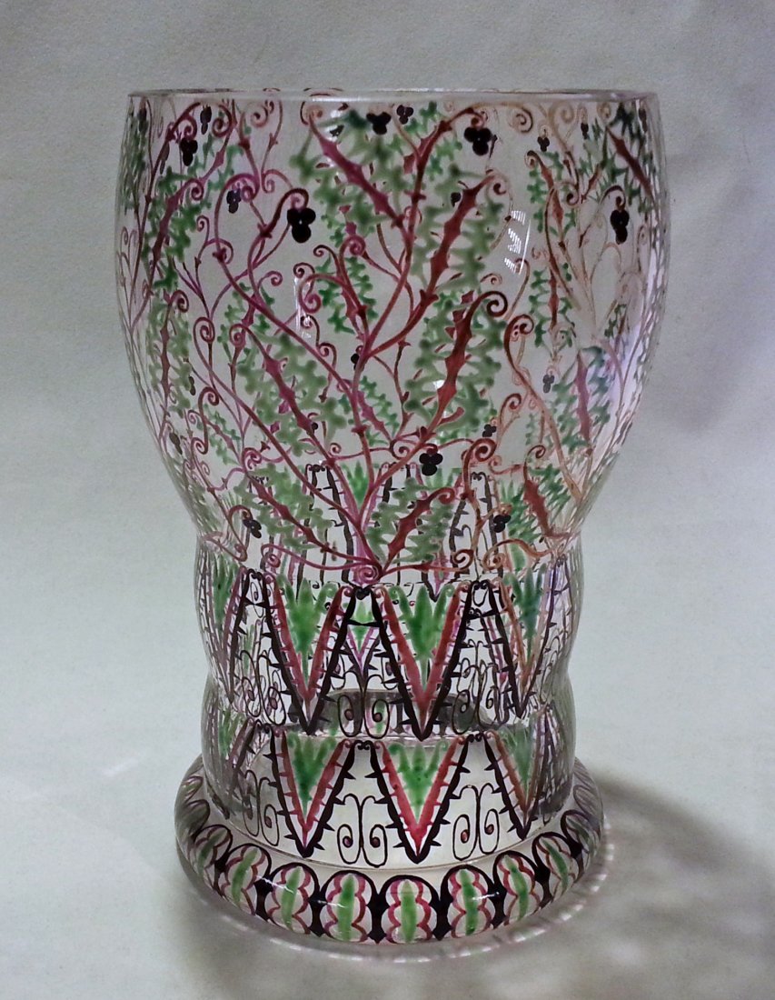 Bohemian Wiener Werkstatte Era Hand Painted Glass Vase: Antique Bohemian Glass vase with intricately hand painted enamel decoration. Beveled top edge; bottom is ground and polished. Possibly Weiner Werkstatte, circa 1910 Size: top 4" diameter; 6 1/2" high 