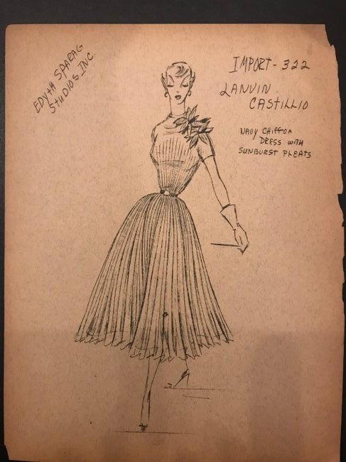 Sketch from 1952 Fashion Report Lanvin Castillo 322: An original mimeographed sketch from Edyth Sparag Studios that accompanied a fashion report on the 1952 Paris collections. This is a sketch of a Castillo of Lanvin Navy Chiffon Dress with Sunburst Ple
