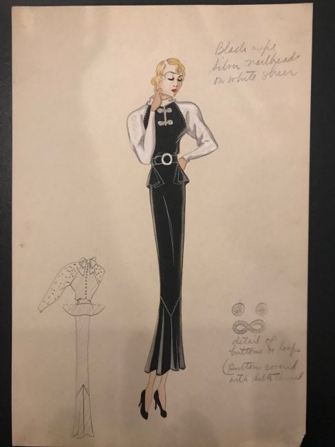Hand Colored Pencil Drawing 1930's Evening Gown: Original 1930's Fashion Illustration. Black evening gown with silver nailheads on white sheer. Unsigned. Original pencil drawing, hand colored with gouache. Paper size is 8 x 11 3/4.