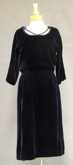 Blue Velvet Harvey Berin Cocktail Dress Blouson Bodice: A nice Harvey Berin cocktail dress in midnight blue velvet. Three quarter sleeved blouson bodice with satin trimmed neckline. Dress has a fitted skirt. Double rear metal zippers. Lined. "Harvey Berin 
