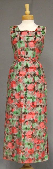 Bold Flocked 1960's Evening Dress: A nice 1960's evening dress in a bold flocked floral. Simply shaped with a square neck and back. 13" side seam slit. Rear nylon zipper. Lined in red acetate. Probably home made. Size: 34" bust, 24 1/2