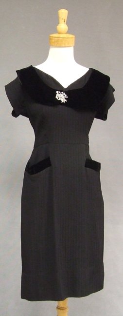 Pintucked Black Crepe & Velvet 1950s Cocktail Dress: A really neat vintage cocktail dress in pin tucked (actually, only the front is pin tucked, the back is plain) black rayon crepe and plush black velvet. The photos really don't do this dress any justi