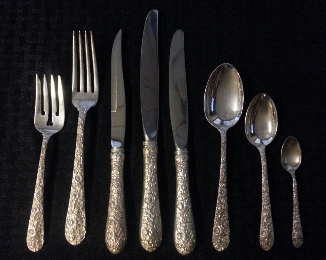 Alvin Bridal Bouquet Sterling Silver Flatware 117 Piece: 117 Pieces of Alvin Bridal Bouquet Sterling Silver Flatware 12 Individual Salad Forks 6 1/2" marked Alvin Sterling pat 1932 12 Forks 7 7/8" marked Alvin Sterling pat 1932 6 Knives 8 7/8" marked on bla