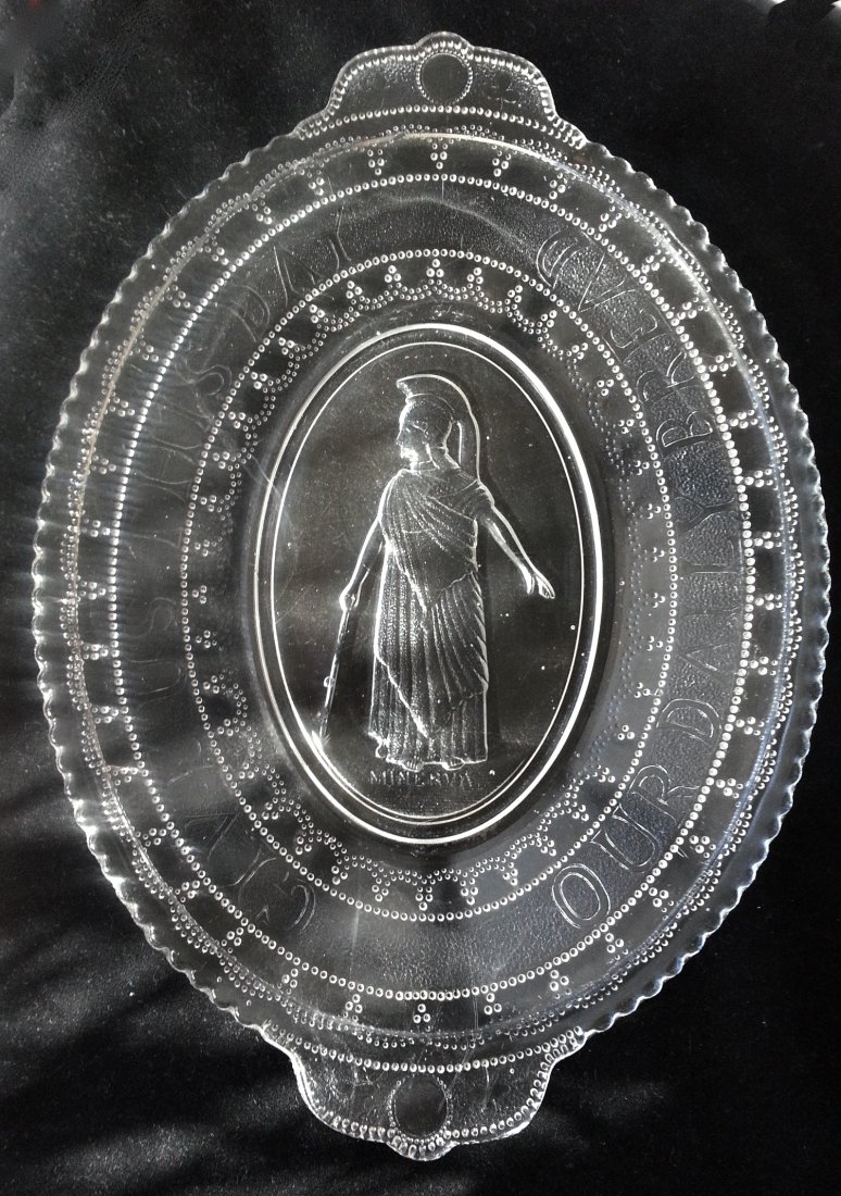 Boston & Sandwich Glass Minerva Bread Plate: The Minerva pattern was made by the Boston & Sandwich Glass Co. circa 1870's. This pattern is also known as Roman Medallion. The bread plate has lettering around the inside that says "Give us this Day