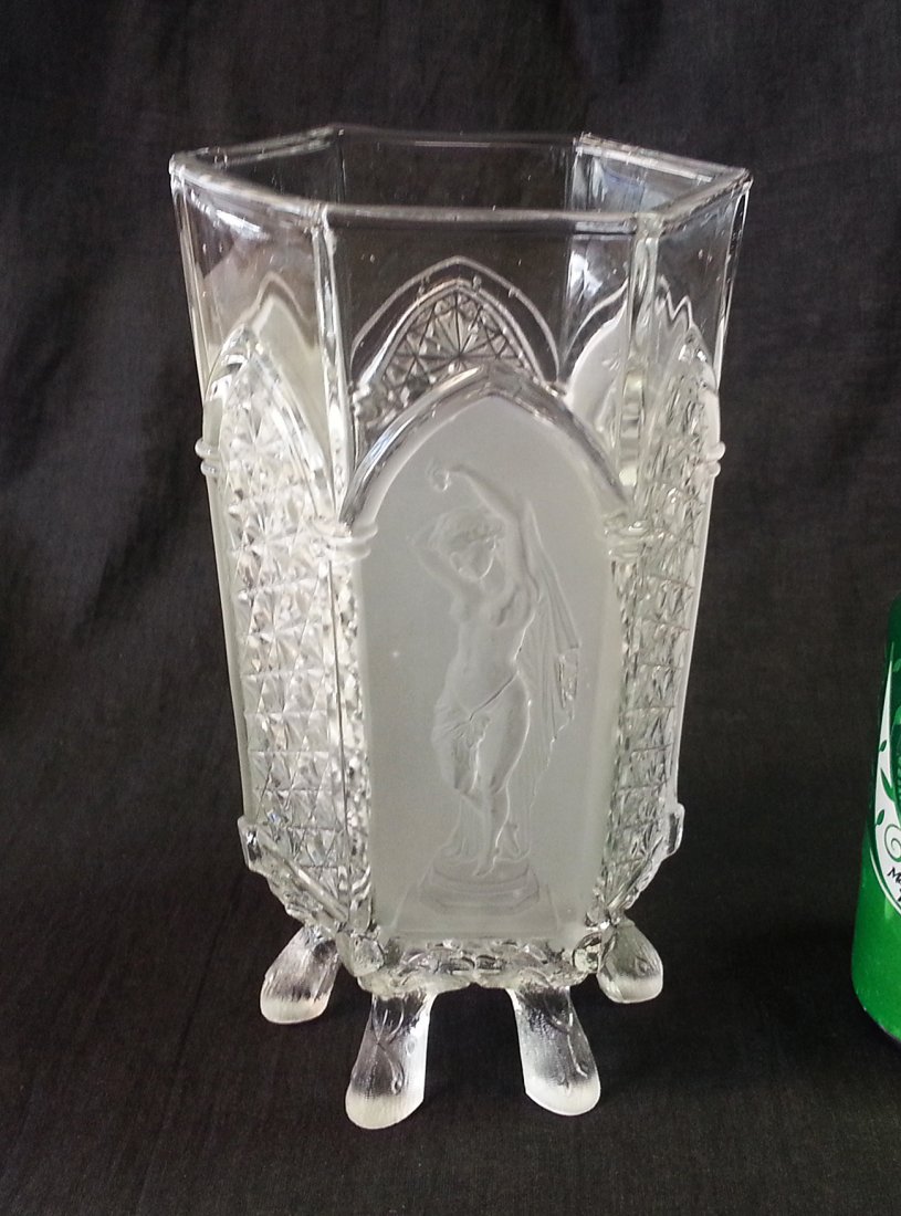 1870s Glass Vase Classical Nude Figures: Classic Pattern Glass Celery Vase Gillinder EAPG A gorgeous massive piece of antique glass featuring three different classical female figures in high relief. The mold work is outstanding. The vase has