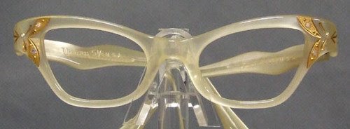 UNWORN Victory 1950s 1960s Cat Eye Eyeglasses Frames: Lovely pair of authentic vintage 1950s 1960s unworn eyeglasses frames in a translucent oyster pearl. Gold paint, etching and rhinestones. Made by Victory Optical in the USA. Size: 44-18 | 4 1/4" wide