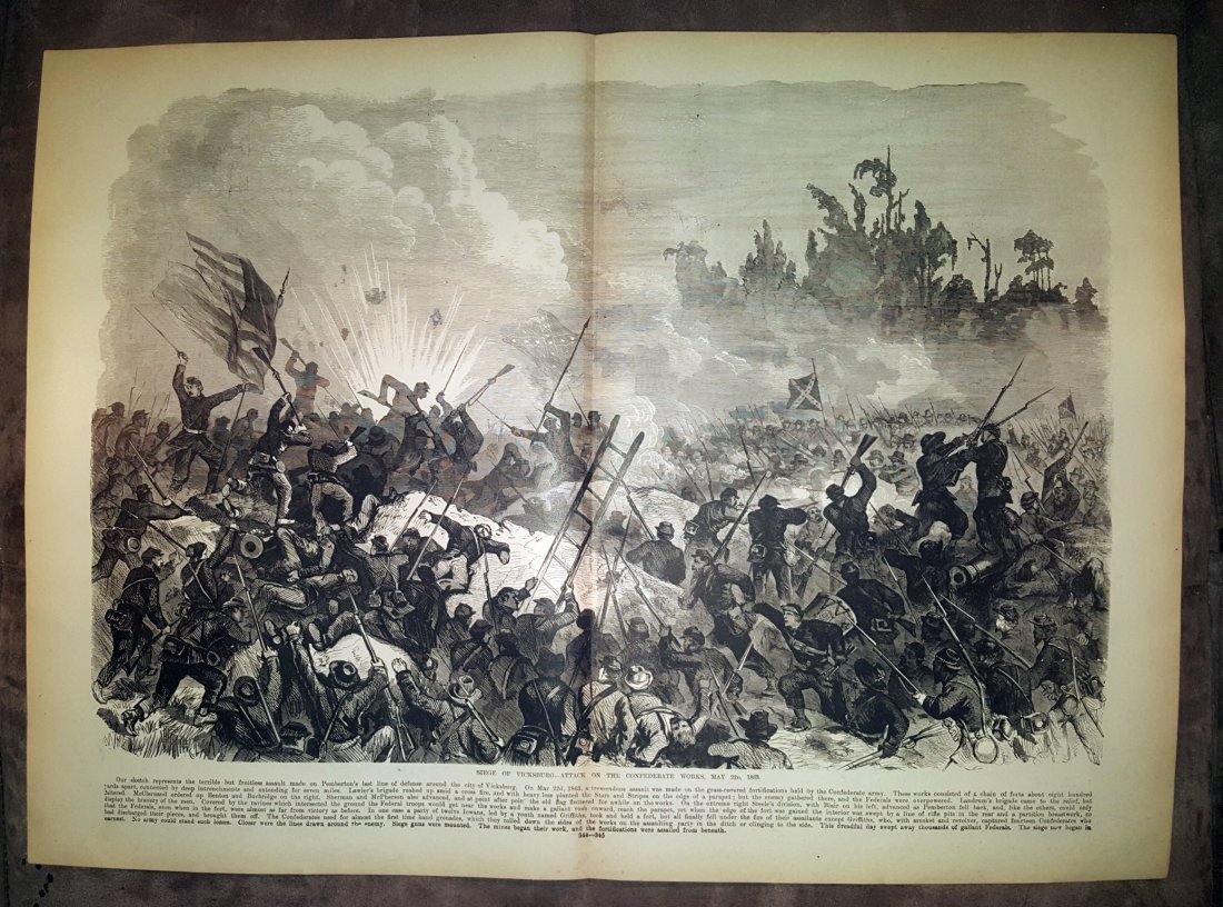 Civil War Engraving Siege of Vicksburg: Siege of Vicksburg, Attack on the Confederate Works May 1863 When two major assaults against the Confederate fortifications, on May 19 and 22, were repulsed with heavy casualties, Grant decided to bes