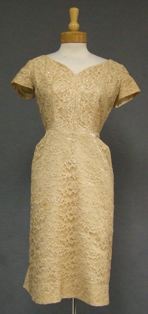 Sequined Tan Lace 50s 60s Cocktail Dress w/ Lovely Back: An elegant 1950s or early 1960s cocktail dress in light tan lace with clusters of subtle iridescent sequins (front only for some reason) lined in a thick tan satin. Fitted dress with pleated detail at