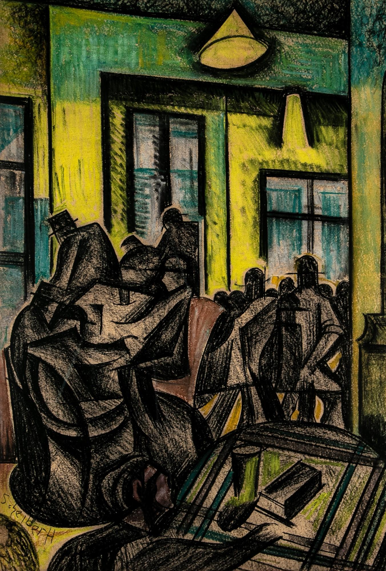 Hugó Scheiber (1873-1950): In the diner: Hugó Scheiber (1873-1950): In the diner ; mixed technique on cardboard ; 63,5 x 44,5 cm ; Signed left below: Scheiber