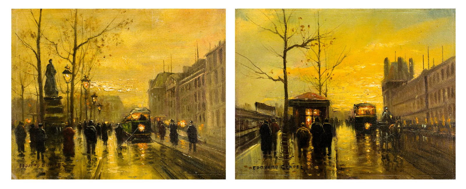 Edouard Cortes (1882-1969): Paris, around 1925 in pair: Edouard Cortes (1882-1969): Place de la Republiqe and Quai du Louvre, Paris around 1925 ; oil on laminated canvas ; 19,5 x 25 cm ; Signed left below: Edouard Cortes