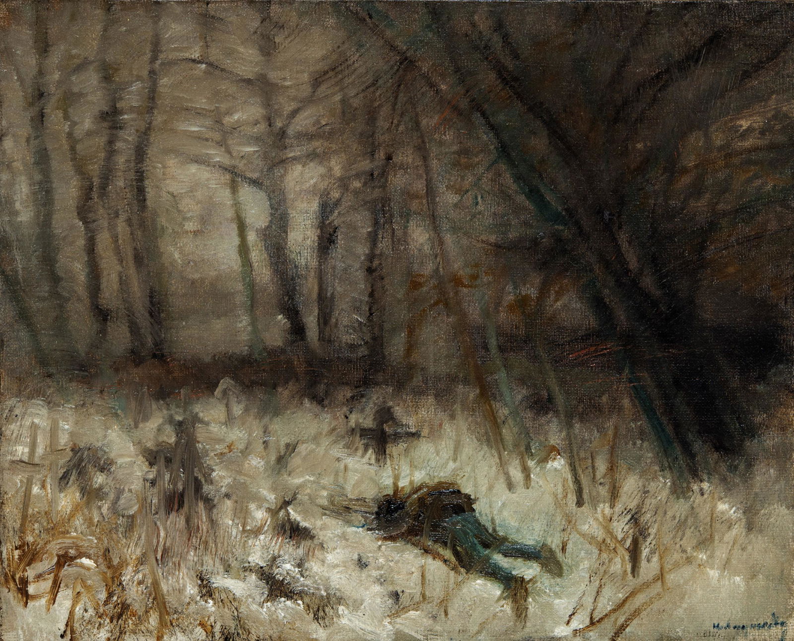 Mednyanszky Laszlo (1852-1919): In the winter forest: Mednyanszky Laszlo (1852-1919): In the winter forest; oil on canvas; 34 x 42 cm ; Signed right below: Mednyanszky
