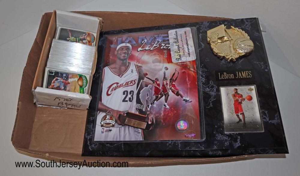LeBron James plaque with basketball card and 13 sheets: LeBron James plaque with basketball card and 13 sheets of basketball cards and a box of basketball cards
