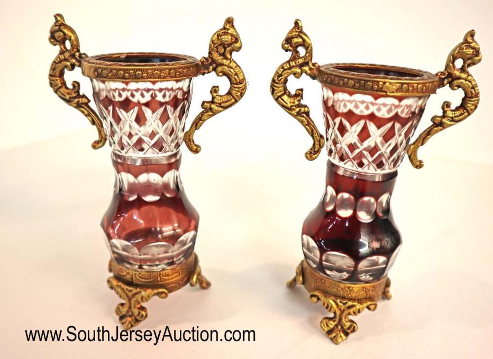 PAIR of 19th century cut glass leaded crystal bronze: PAIR of 19th century cut glass leaded crystal bronze wrapped vases footed base with double dragon handles Dimensions: 5 1/2" h x 4"w