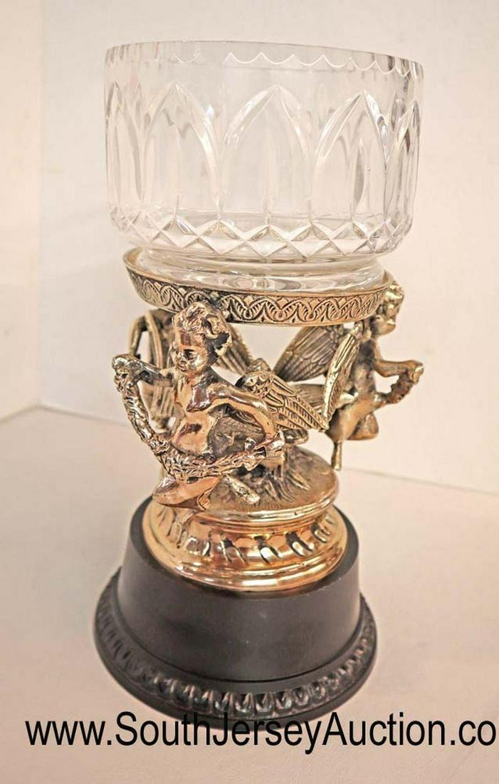 BEAUTIFUL silver plate with 3 silver plate cherubs: BEAUTIFUL silver plate with 3 silver plate cherubs elevated leaded crystal cut bowl/center piece Dimensions: 12 1/2" h x 7" diameter
