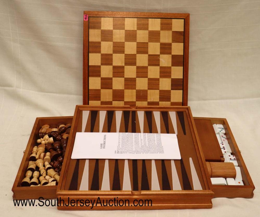 Mixed wood game set - checkers, backgammon, dominos,: Mixed wood game set - checkers, backgammon, dominos, and chess Dimensions: 14 1/2" square
