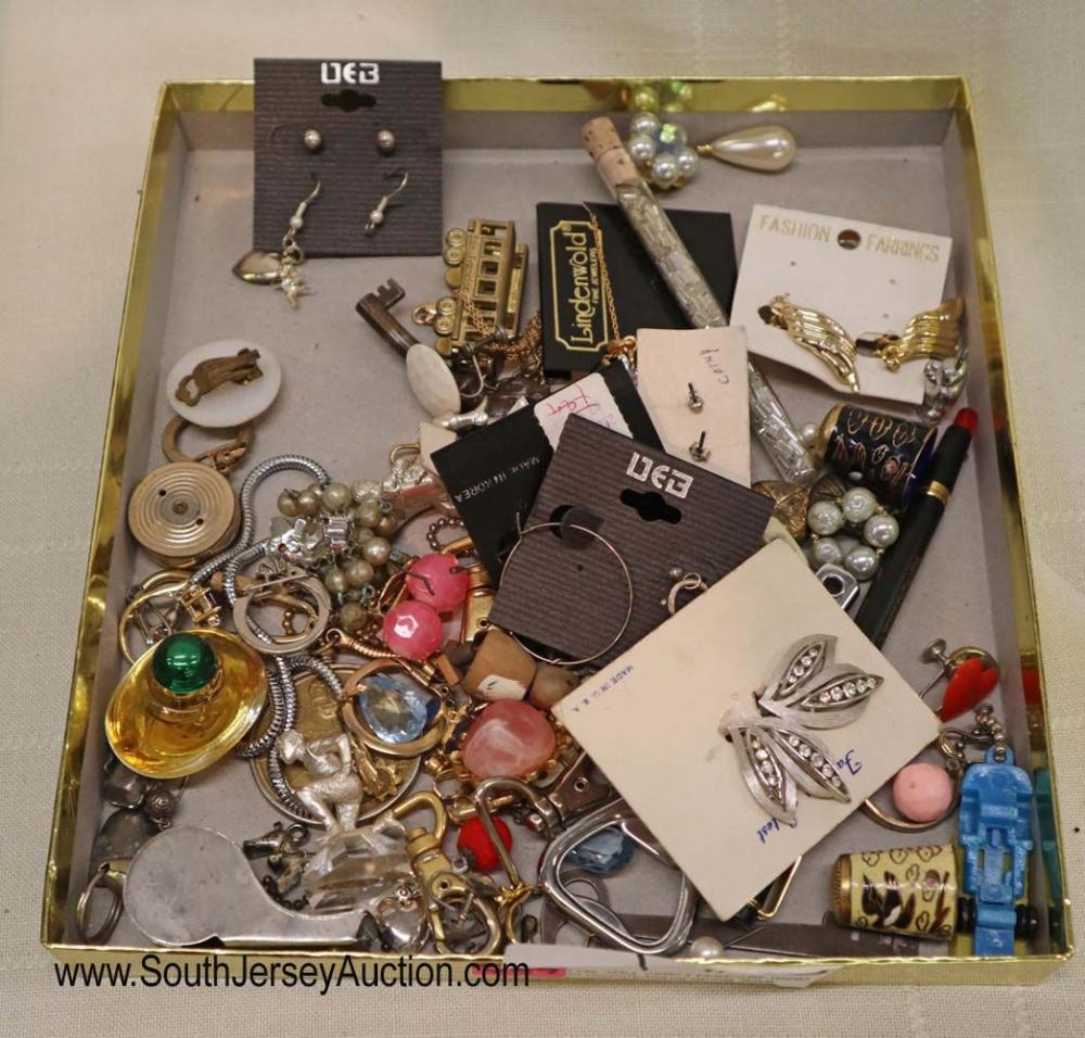 Tray lot of VINTAGE costume jewelry and other including: Tray lot of VINTAGE costume jewelry and other including earrings, pins, bottle opener, thimbles, charms, perfume and others