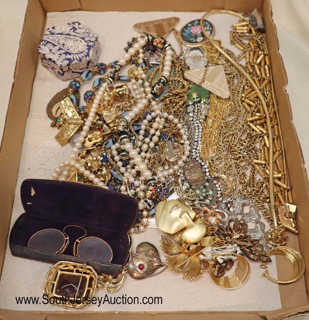 Tray lot of VINTAGE costume jewelry including: Tray lot of VINTAGE costume jewelry including necklaces, antique eye glasses (may be gold) in case, and others