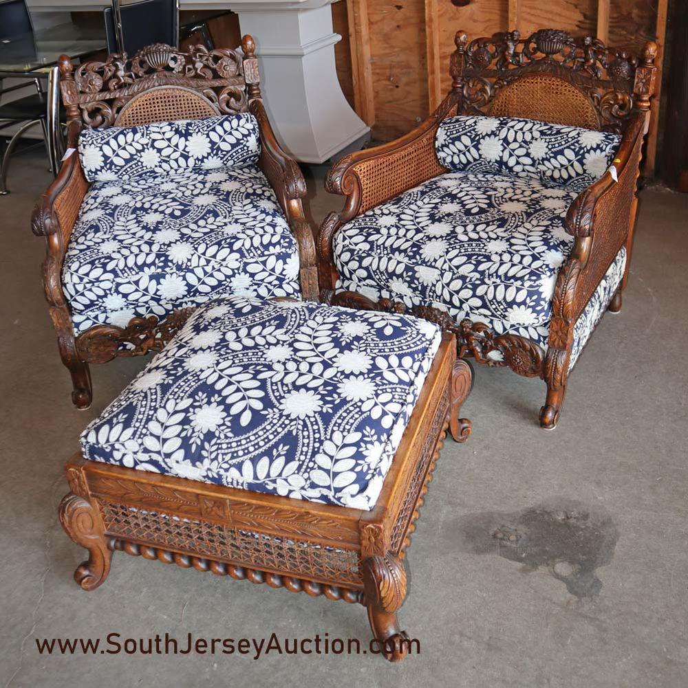 Ant. Fantastic 3pc cane back chairs and ottoman (1 of 8)