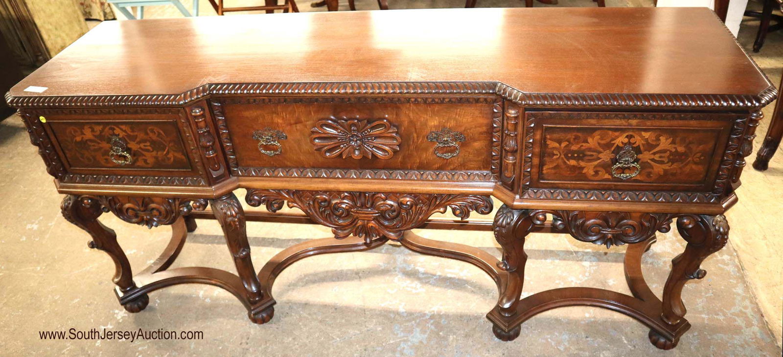 Semi antique highly carved ornate inlay buffet (1 of 4)