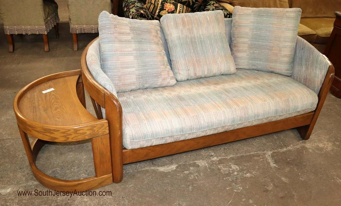 Vtg Flexsteel 2pc loveseat and curved end table: VINTAGE Flexsteel 2 piece loveseat with original fabric pillows and fitted curve end table Dimensions: loveseat 64" l x 24" h x 34" d fitted table 24" w x 13" l x 19" h