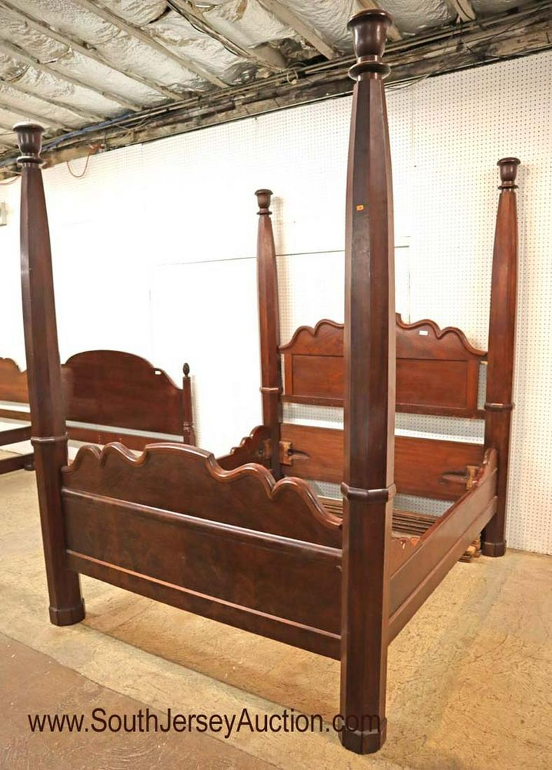 Circa 1860-70s Antique Solid Mahogany Queen Size Poster: ANTIQUE circa 1860's- 1870's solid mahogany southern empire queen size full poster bed with burl accents, original rails, bolts and slats. 74" w x 85" d x 96" h