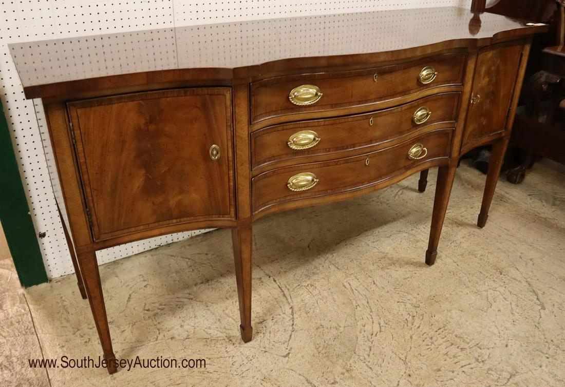 Henredon Furniture Burl Mahogany and Banded Sideboard: Henredon Furniture burl mahogany and banded spade footed 3 drawer 2 door sideboard. 72" w x 23" d x 38" h