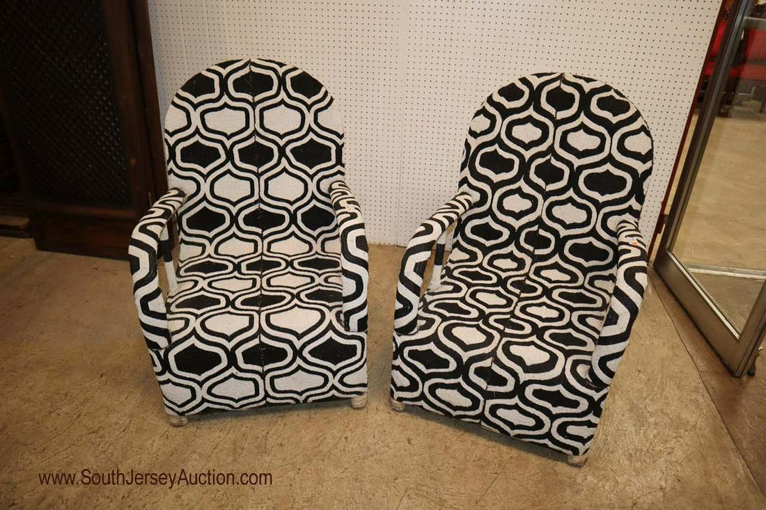 Pr Yoruba Style Black/White Beaded Arm Lounge Chairs: PAIR of Yoruba style handmade black and white beaded decorator arm lounge chairs. 25" w x 29" d x 39" h