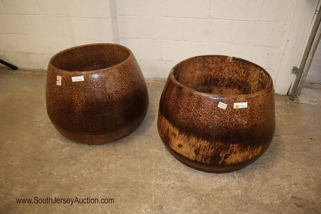 PAIR Asian Special Palm Wood Mentawai Decorator: PAIR of Asian special Palm/Wood and Mentawai Furniture 30" diameter decorator planters. 30" diameter x 19" h