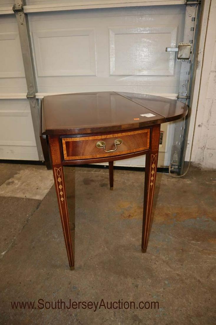 Hickory Furniture Co. Mahogany Banded Inlaid Pembroke: Hickory Furniture Company mahogany banded and inlaid 1 drawer Pembroke drop side table 19" w x 30" d x 29" h with drop side open 39" w x 30" d x 29" h