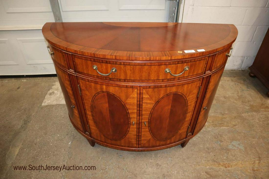 BEAUTIFUL Ethan Allen Burl Banded Demilune Sunburst: BEAUTIFUL Ethan Allen Furniture burl and banded Demilune 3 drawer 4 door server with sunburst top 50" w x 19" d x 36" h