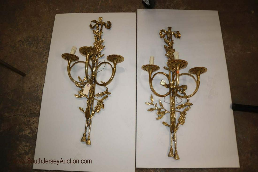 PAIR NICE antique style solid brass 3 burner wall: PAIR of NICE antique style solid brass 3 burner wall sconces 35" l x 9" d