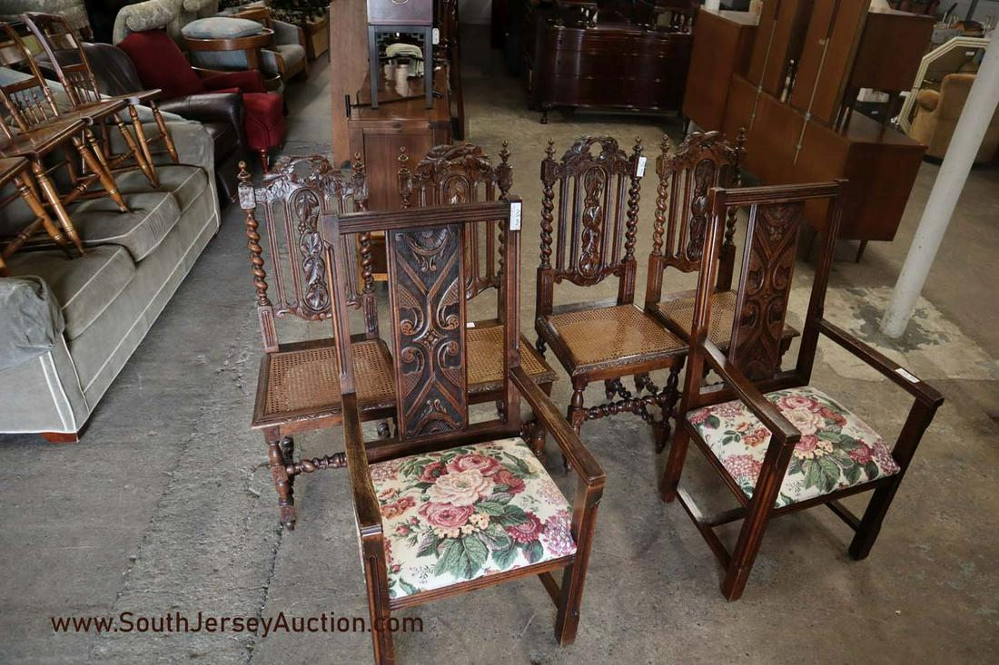 Set of 6 Antique Barley Twist Oak Dining Room Chairs: Set of 6 antique oak carved dining room chairs - 4 have barley twist legs and cane seats; arm chairs have upholstered seats. Arm chairs: 22"w x 20"d x 43"t, Side chairs: 19"w x 16"d x 42"t